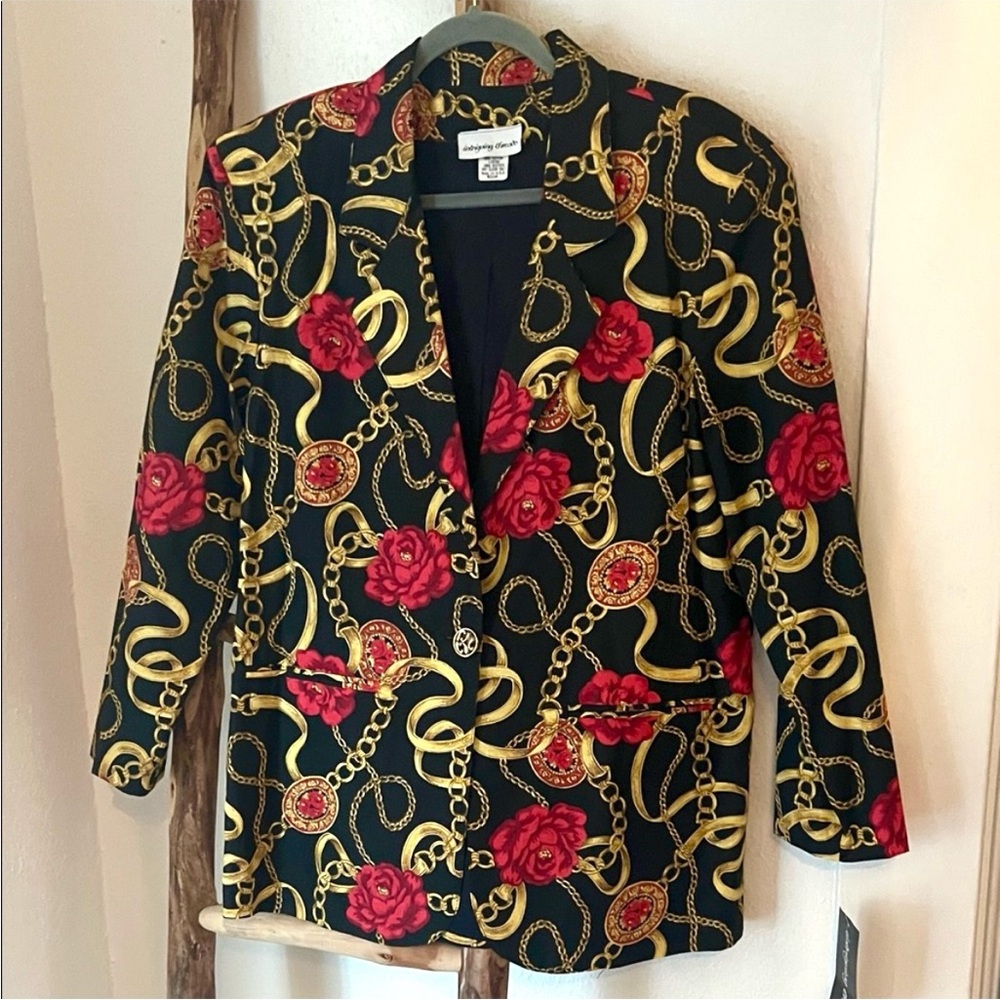 Vintage Black Blazer with Gold Chains and Red Roses Print Cotton Deadstock NWT